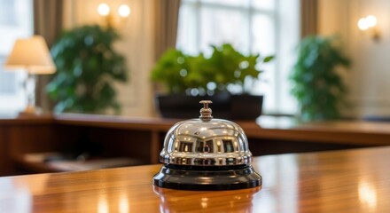 A vintage silver hotel reception bell sits on a polished wooden desk, ready to serve