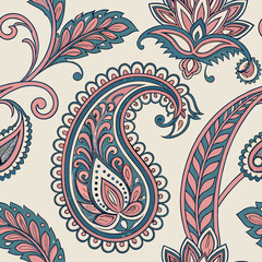 Vibrant paisley pattern with floral elements on a light background in pastel colors Generative AI