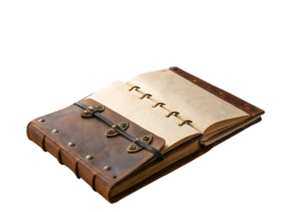 Open vintage leather bound journal with brass clasps