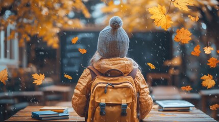 Schoolgirl wearing backpack sitting at desk outside during first snowfall of autumn