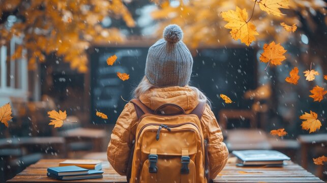 Schoolgirl wearing backpack sitting at desk outside during first snowfall of autumn