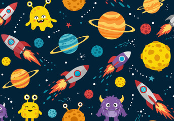 Exploring the vastness of the galaxy aboard colorful rockets encountering friendly extraterrestrial creatures and giant planets with rings scattered throughout the starry expanse