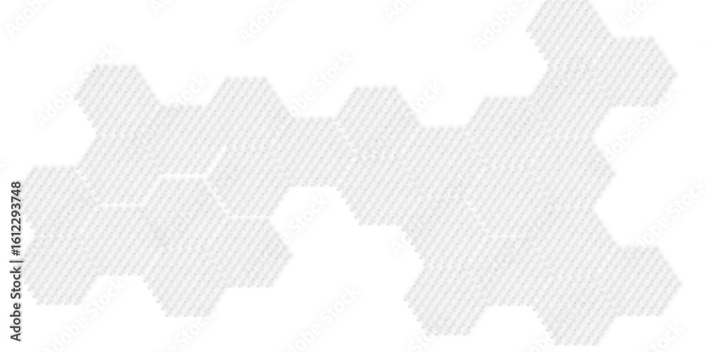 Poster hexagons filled with small gray dots in a cluster shape white background with a pattern.