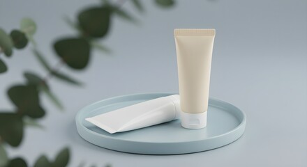 Cream tubes sit on plate for beauty product mockup. For marketing, web, design.