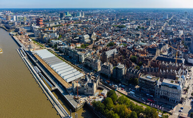Fototapeta premium Aerial view of the city Antwerpen in Belgium on a cloudy afternoon in summer