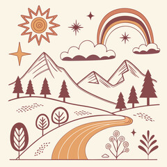Whimsical sun rainbow mountains trees and winding road vector illustration landscape nature