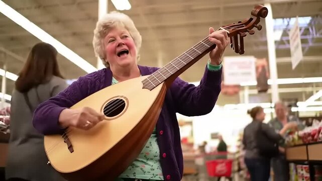 Happy senior playing lute in store.