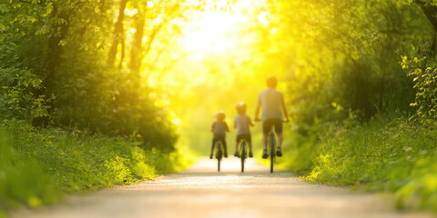 Cyclists ride on a sunlit path surrounded by lush greenery. Outdoor recreation and family bonding