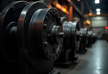 Dark steel machinery: dramatic low-light shot with strong highlights, conveying strength