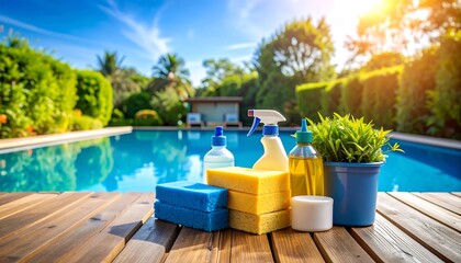 Pool cleaning supplies on a deck