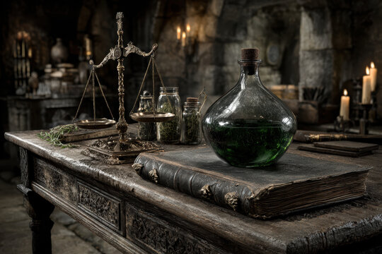 Close-up of an old apothecary desk with brass 02