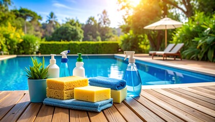 Obraz premium Pool cleaning supplies on wooden deck (1)