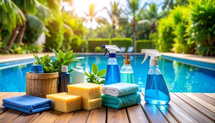 Pool cleaning supplies on a wooden deck