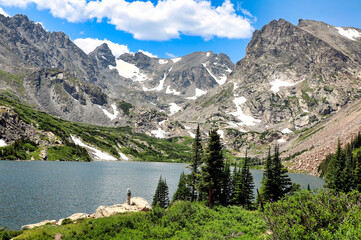 Hiker at Isabelle Lake in Colorado's Indian Peaks Wilderness, Boulder County