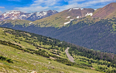 Highway 34 (Trail Ridge Road) provides great mountain views as it goes over the Continental Divide at 12,000 feet through Rocky Mountain National Park