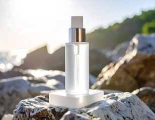 Clear spray bottle on rocks by the ocean