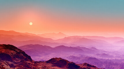 Obraz premium Radiant abstract mountainscape in sunset hues with layered color-rich terrain
