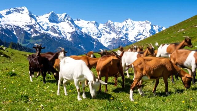 Alpine Goats Grazing, Majestic Mountain View