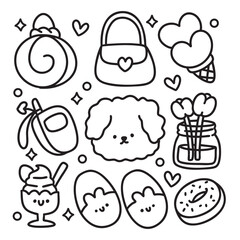 Cute Kawaii Hand Drawn Doodles Elements for Coloring Page
