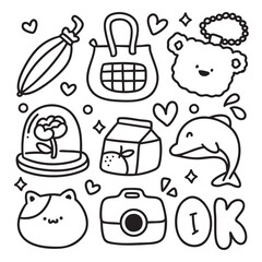 Cute Kawaii Hand Drawn Doodles Elements for Coloring Page