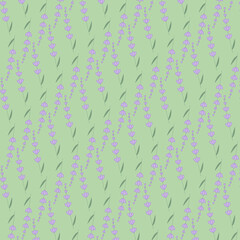 Seamless lavender pattern with vertical violet flowers on soft green. Great for wrapping paper, textiles, packaging, wallpapers, and botanical surface design.