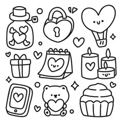 Cute Kawaii Hand Drawn Doodles Elements for Coloring Page