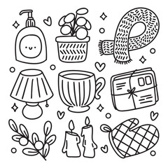 Cute Kawaii Hand Drawn Doodles Elements for Coloring Page
