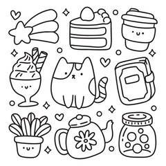 Cute Kawaii Hand Drawn Doodles Elements for Coloring Page