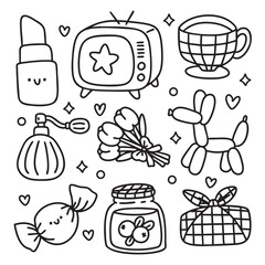 Cute Kawaii Hand Drawn Doodles Elements for Coloring Page