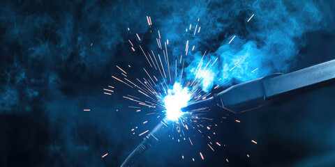 A welding process in action with sparks flying around the metal. Industrial work, energy, craftsmanship