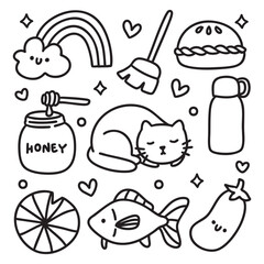 Cute Kawaii Hand Drawn Doodles Elements for Coloring Page