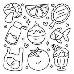 Cute Kawaii Hand Drawn Doodles Elements for Coloring Page