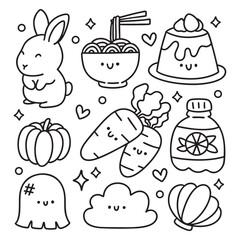Cute Kawaii Hand Drawn Doodles Elements for Coloring Page