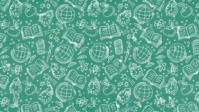 Looped animation of white hand-drawn school-themed icons&mdash;globes, books, apples, and clocks&mdash;moving on a green chalkboard-style background, ideal for educational content or back-to-school themes.