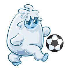 cute yeti playing soccer or football, cartoon snow monster kicking football vector illustration, work of hand drawn