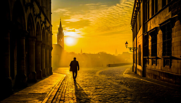 Man walking down cobblestone street towards sunrise in european city