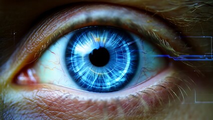 Close up of a futuristic blue eye with digital scanning overlay