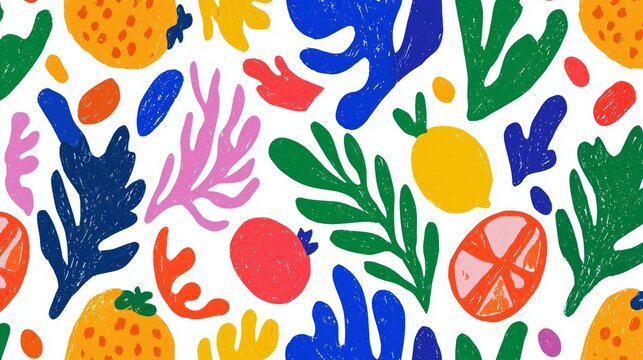 colorful seamless pattern with fruits and coral shapes on white background