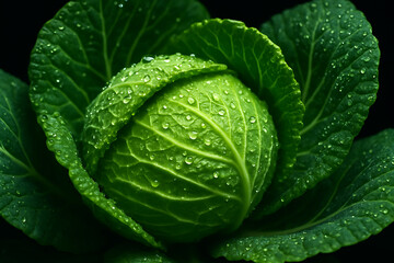 Fototapeta premium Fresh Green Cabbage with Water Droplets Close Up