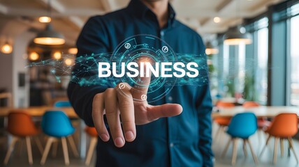 A man interacting with a holographic business interface in a modern office environment setting up deals
