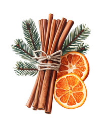 Watercolor illustration of a bundle with cinnamon sticks, dried orange slices, and pine branches on white background