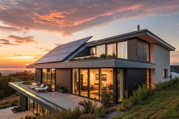 Modern luxury villa with solar panels at sunset with ocean view