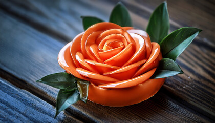 beautifully crafted orange rose shaped dessert with glossy finish and green leaves on rustic wooden surface for culinary celebration or special occasion
