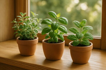 Obraz premium Fresh Green Herb Plants in Pots on Wooden Windowsill