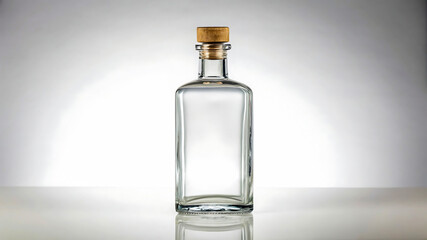Clear glass bottle with cork stopper on a reflective surface