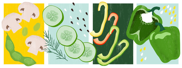 Green Vegetable Vector Set &ndash; Edamame, Mushroom Slices, Dill, Cucumber, Bell Pepper