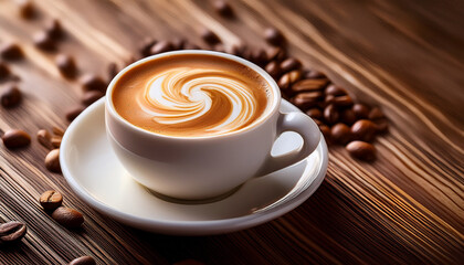 Obraz premium close up of fresh coffee in white cup with creamy swirl