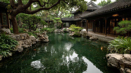 A serene chinese garden with a pond reflecting the surrounding architecture and lush greenery