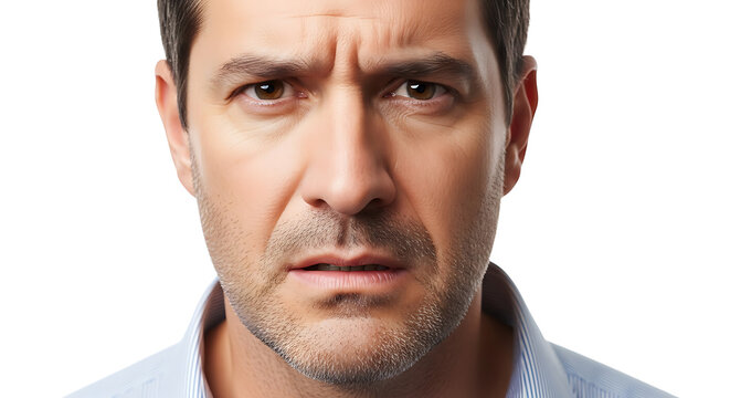 Man With Concerned Expression Isolated on White Background Showing Doubt and Uncertainty