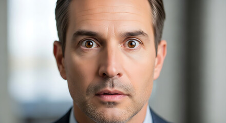 Shocked Businessman Wide Eyes Open Staring Directly at Camera Expressing Surprise and Disbelief in a Professional Setting